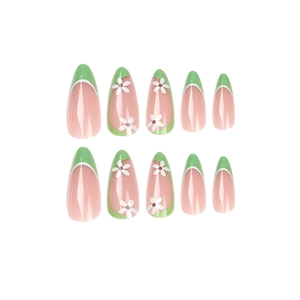 French green press-on nails with white flower patterns in long almond shape