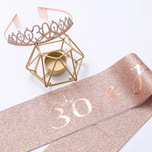 Rose gold 30th birthday set featuring a rhinestone tiara crown and matching glitter sash