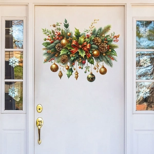 Christmas wreath wall sticker with pine cones and berries on a white door backdrop