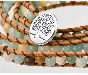 Macro detail of Bohemian wrap bracelet showing natural stone beads and Tree of Life button