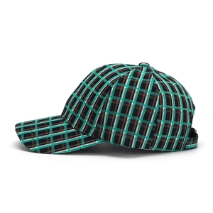 Detail view of the woven plaid texture and stitching on a green vintage baseball cap