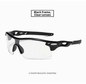 Detail of semi-rimless cycling glasses with white lenses and black frame ventilation