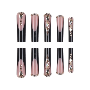 Faux ongles cercueil French tip avec base rose gelée et strass brillants lot de 10pcs