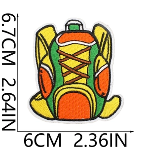 Close-up of camping van embroidery patch showing 6.7cm x 6cm dimensions and thread texture
