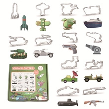 Detailed 12-piece stainless steel cookie cutter set with military vehicle shapes