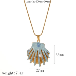 French vintage style shell pendant necklace with blue enamel and pearls for women