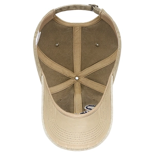 Classic washed cotton baseball cap in khaki with adjustable metal buckle and six-panel design