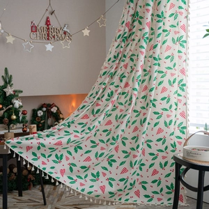 Christmas curtain with holly leaves and red plaid hearts featuring elegant tassel edges