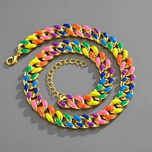 Detail of rainbow enamel chunky cuban chain necklace with gold base and lobster clasp