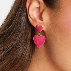 18k gold plated stainless steel double pink enamel heart dangle earrings for women