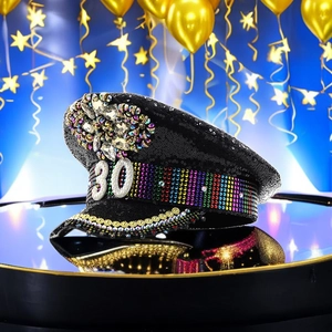 Black sequin captain hat with number 30 rhinestone design for 30th birthday party