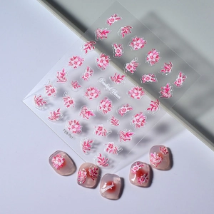 Detail of 5D embossed nail art stickers with pink and white floral patterns and 3D textures