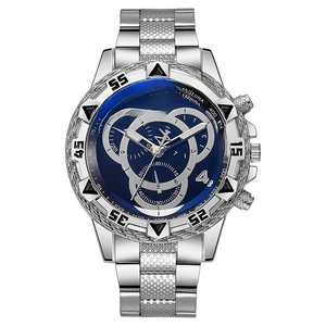 Business silver quartz watch with a blue dial and stainless steel band for men