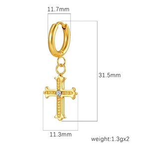 18K gold plated cross earrings with rhinestones showing product weight and dimensions