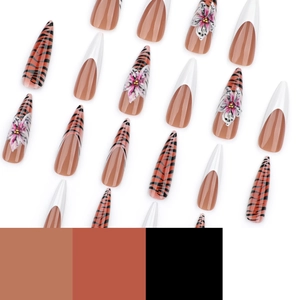 Unghie finte stiletto lunghe con punte bianche, stampa tigrata e fiori 3D rosa