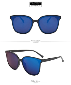Detail of black cat-eye sunglasses with blue mirrored lenses showing front and side views
