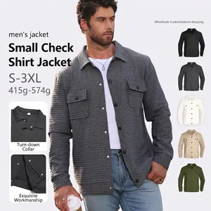 Men Long Sleeve Waffle Texture Shirt Jacket Small Checkered Button Down Casual Outerwear With Chest Pockets For Men
