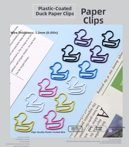 Detail of 1.2mm duck-shaped colored paper clips neatly arranged on a blue background