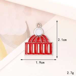 Detailed view of red alloy house pendant showing dimensions 2.1cm height and 1.9cm width