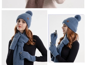 Close-up of fog blue winter knit set with touchscreen gloves and thick woven texture
