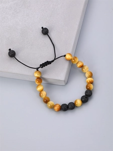 Adjustable 8mm tiger eye and black volcanic lava stone beaded bracelet for men