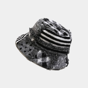 Retro Patchwork Plush Bucket Hat For Women Frayed Edge Geometric Stripes Checkerboard Winter Warm Thick Basin Cap