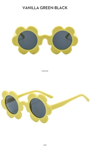Close-up of yellow flower-shaped kids' sunglasses with grey lenses in front and side views