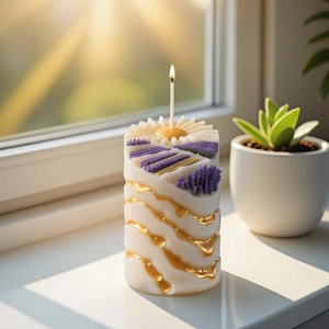 Artistic lavender cylinder candle with gold details and floral patterns on sunlit window