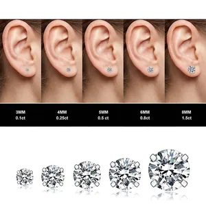 Size comparison chart for round zircon stud earrings from 0.1ct to 1.5ct on ear model