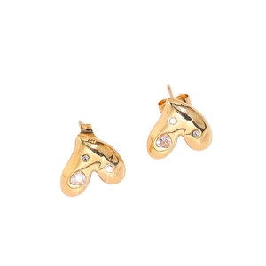 Polished heart-shaped 18k gold plated titanium steel stud earrings with white zircons