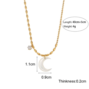Gold stainless steel crescent moon pendant necklace with white shell inlay and zircon stone