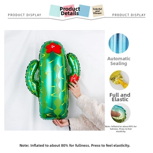Macro view of green cactus foil balloon detailing shiny finish and auto-seal valve