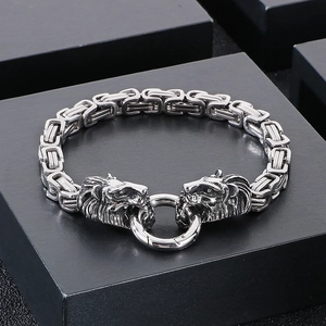 Detail of silver titanium lion head bracelet with heavy braided link chain design