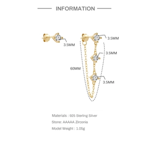 Detail of S925 sterling silver asymmetrical earrings showing chain length and 3.5mm zircon size