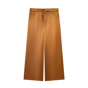Women Satin Wide Leg Pants High Waisted Button Decor Elegant Bronze Satin Like Trousers Fashion Long Slacks