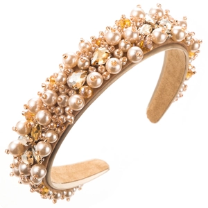 Detail of fabric headband with pearls, champagne rhinestones and amber crystals