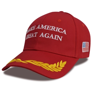 Classic red baseball cap with white 3D embroidery and flag detail on the side