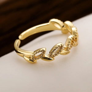 Minimalist 18K gold plated copper open ring with elegant leaf design for women