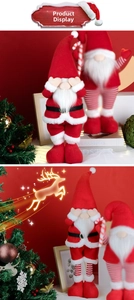 Macro detail of Christmas gnome dolls with striped legs and warm holiday decorations