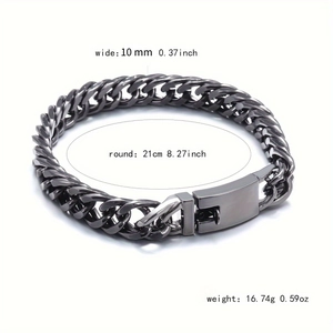 Men's 10mm black Cuban link chain bracelet with durable double buckle on white background