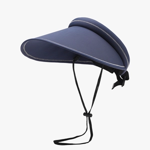 Navy blue sun visor hat with white zigzag stitching and adjustable black windproof strap