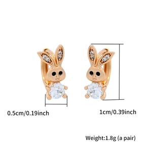 Close-up of rose gold bunny earrings with dimensions 0.5cm by 1cm and weight 1.8g