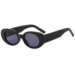 Stylish oval black frame sunglasses with dark gray lenses in a professional 45-degree view