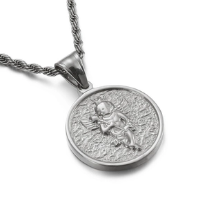 Collier avec pendentif ange en acier inoxydable argenté et sa chaîne torsadée élégante