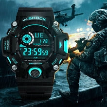 Luminous tactical sport watch with digital display against a military background