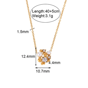 Gold plated stainless steel necklace with pearl and zircon flower pendant and dimensions