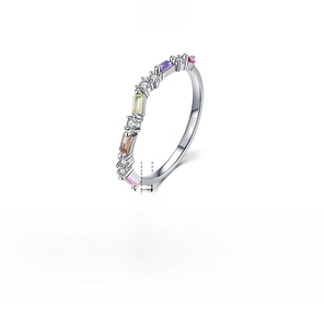 Macro shot of 925 sterling silver wavy ring with multicolored gemstones and S925 stamp