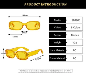 Detailed size chart for square candy color sunglasses showing 148mm width and PC frame specs