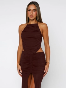 Sexy burgundy halter top and high slit pleated skirt two-piece set for women