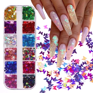 12-color butterfly nail glitter set in a clear box with holographic laser sequins